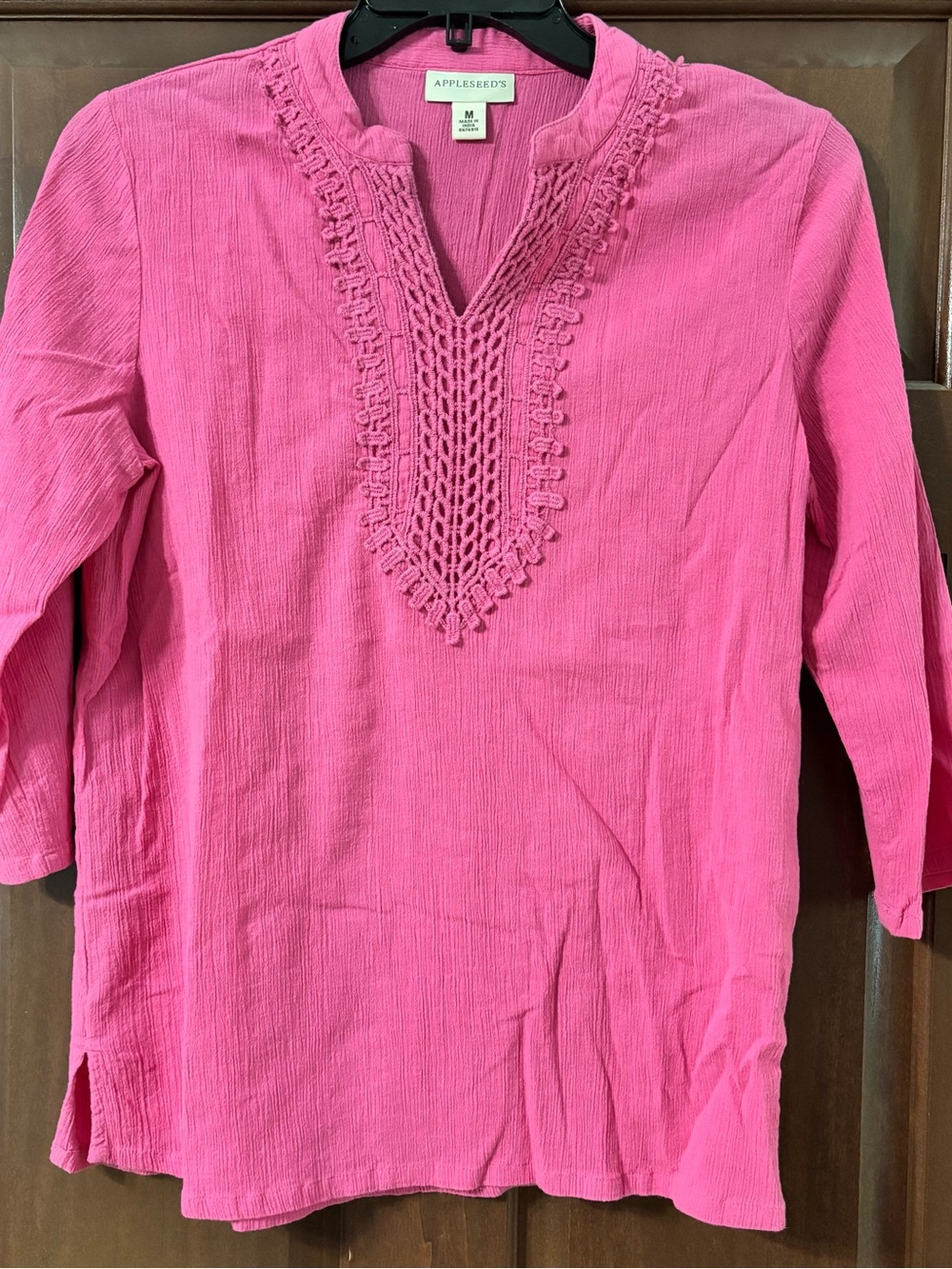 Appleseeds Fuchsia Pink 100% Cotton Gauze Crochet Trim Boho Tunic Blouse Medium